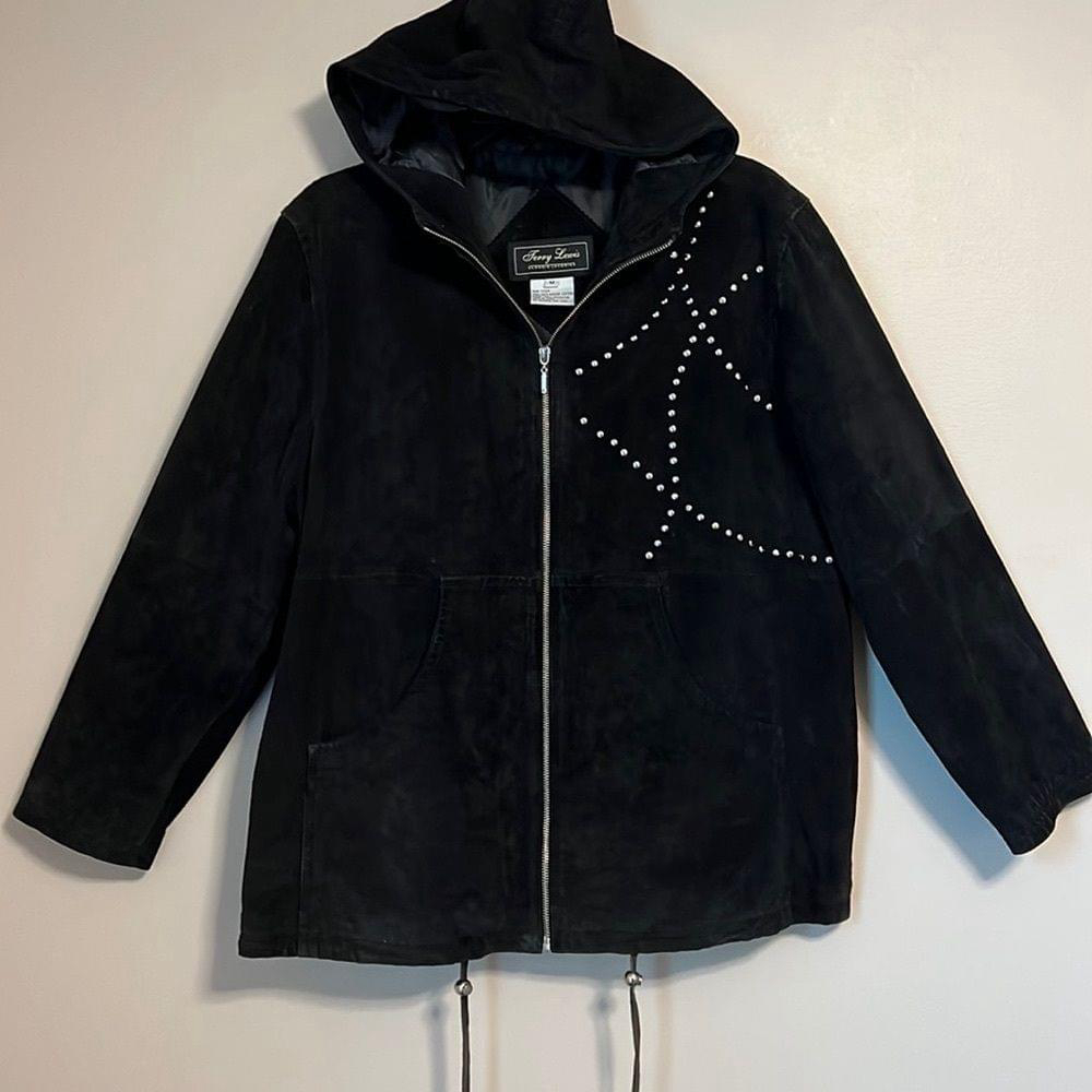 Vintage Terry Lewis Black Suede Leather Jacket With Stud Details Hooded M‎